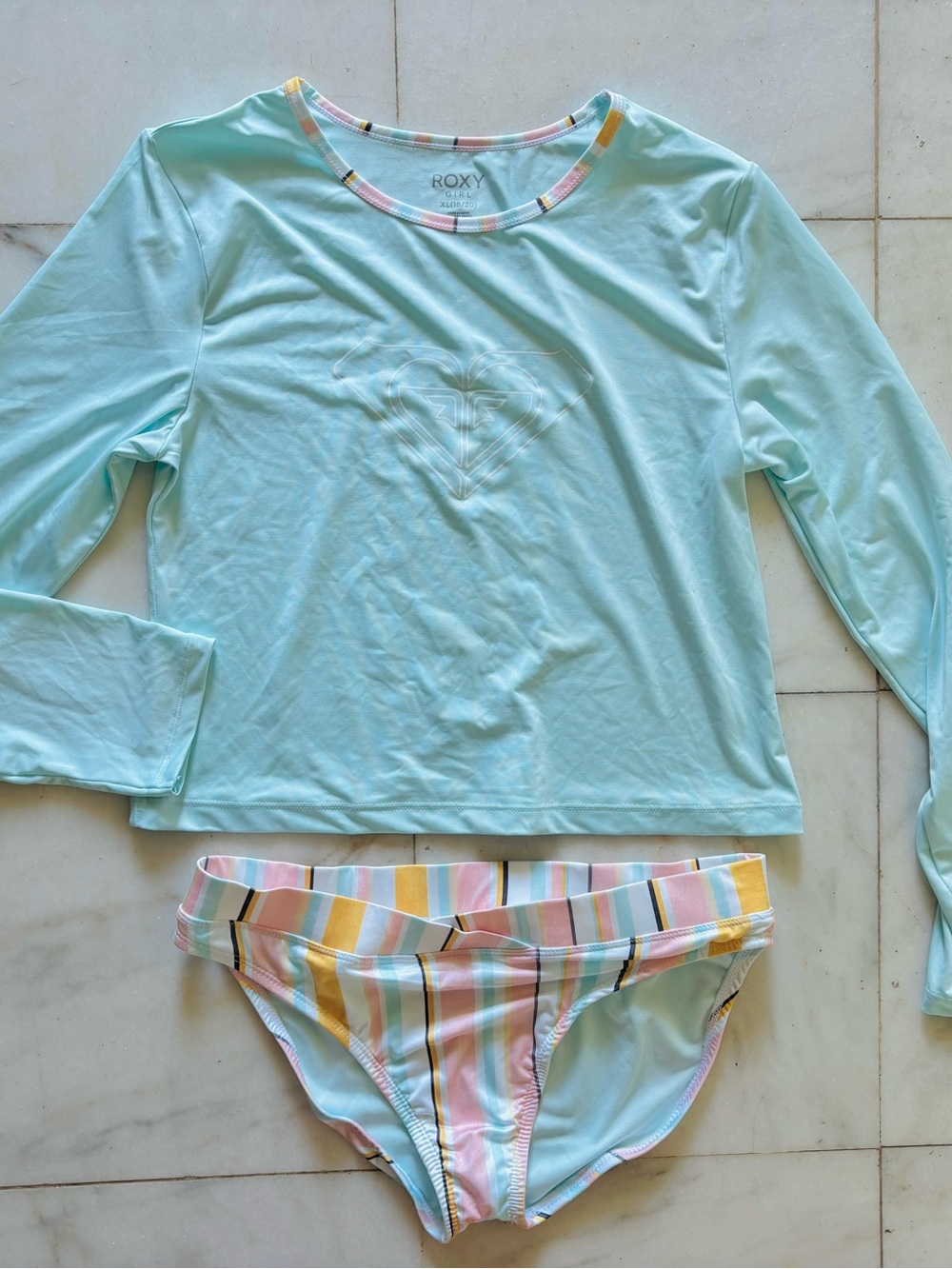 Roxy Girls Mint Green Long Sleeve Rash Guard & Pastel Striped Bottom Set - XL
